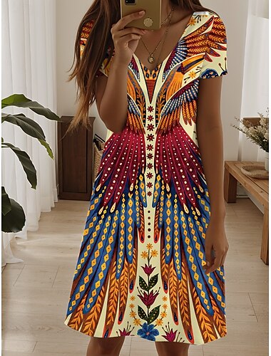  Femmes Mini Robe Mini-robe Robe T-Shirt Robe d'Été Robe trapèze Élégant ancien Vacances Anniversaire Occasionnel Coupe régulière Fleuri Graphique Paisley Manche Courte Col en V Rose Claire Jaune Bleu