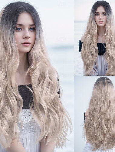  Perucas sintéticas Onda de Água Trama Curly Corte em Camadas Com Franjas Fabrico à Máquina Peruca 28 polegadas A1 Cabelo Sintético Mulheres Clássico Confortável Cores Gradiente Cinzento Escuro Multi