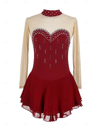  Eiskunstlaufkleid Damen Mädchen Eislaufen Kleid Burgund Patchwork Daumenloch Netzstoff Spandex Dehnbar Training Übung Professionell Eiskunstlaufkleidung Thermowarm Kristall / Strass Langarm Eislaufen