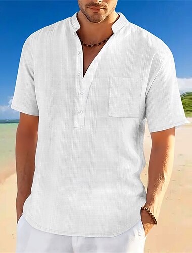  Voor heren Overhemd Zomer overhemd Normaal shirt Strand hemd Overhemd met knopen Zwart Wit Donker Marine Hemelsblauw khaki Korte mouw Effen Opstaande boord Vakantie Hawaii Zak Kleding Polyester