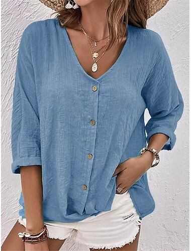  Damen Hemd Baumwoll-Leinen-Hemden Knopfleiste Bluse Einfach Basic Modern Langarm V Ausschnitt Normale Oberteile Täglich Ferien Knöpfe Rosa Blau Purpur Grün Khaki Sommer