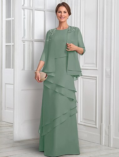  zweiteiliges A-Linien-Kleid Mutter der Braut Kleid elegant funkelnd&amp;Glanz Juwel Hals bodenlang Chiffon Halbarm mit Knöpfen Applikationen Blume 2025