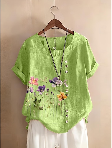  Dames 100% katoenen blouse bloemenprint stijlvol katoen linnen casual korte mouw ronde hals normale tops dagelijks uitgaan knopen print groen zomer lente