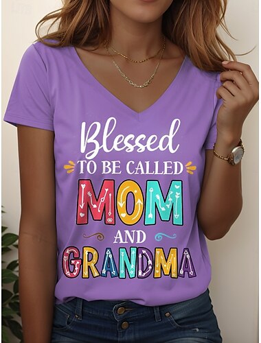  Muttertag Damen T Shirt Grafik Buchstabe Lässig Kurzarm V Ausschnitt Normale Oberteile Täglich Wochenende Druck Schwarz Gelb Rosa Blau Purpur Sommer Frühling MOM