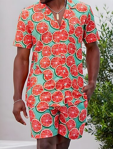  Per uomo Frutta 2 pezzi Set di camicie Camicia Manica Corta Pantaloni corti Colletto cubano Vacanza Casual Feste Casuale Quotidiano Stampa 3D Estate Arancione