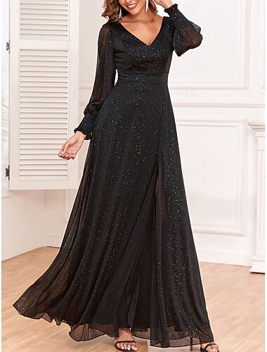  Dress Mother of the Bride Dress Elegant Party Black Dress V Neck Floor Length Polyester Long Sleeve with Sequin