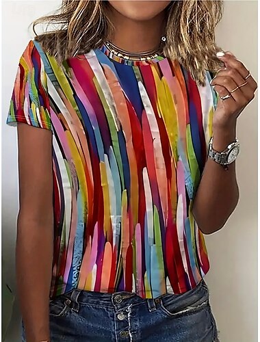  Mulheres Camiseta Tops de verão Bloco de cor Abstrato Clássico Casual Manga Curta Gola Redonda Tops curtos Diário Final de semana Imprimir Arco-íris Verão Primavera Outono