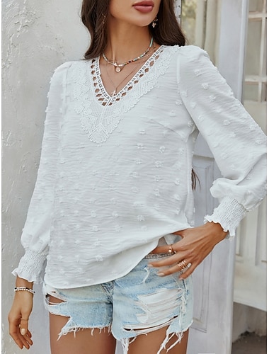  Per donna Camicia Blusa Liscio Essenziale Moderno Manica lunga A V Top regolari Giornaliero Per eventi Pizzo Collage Nero Bianco Rosa Verde Estate