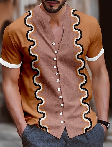  Men's Geometric Shirt Button Up Shirt Stand Collar Shirt Short Sleeve Fashion Casual Vacation Daily Summer Spring Mandarin Collar Band Collar Grandad Collar 3D Print Linen Like Shirt Yellow Blue