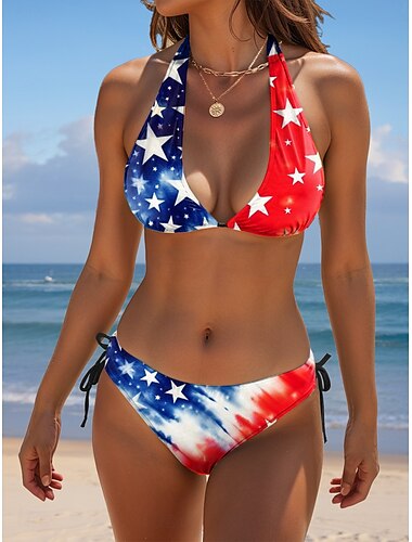  Bañadores Patrióticos del Día de la Independencia para Mujer Cuatro de Julio Bikini de 2 Piezas Traje de Baño Cheeky Sin Espalda Ajustado Vacaciones Playa Gráfica Bandera Cuello en V Sin Mangas