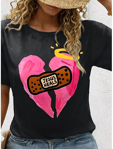  女性用 Tシャツ ハート カジュアル 半袖 ラウンドネック レギュラートップス 日常 お出かけ 週末 プリント ピンク 夏