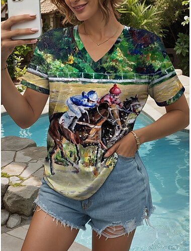 Kentucky Derby Damen T Shirt Grafik Tiermotiv Pferd Stilvoll Lässig Kurzarm V Ausschnitt Normale Oberteile Täglich Wochenende Druck Grün Sommer Frühling