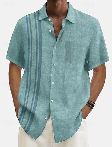  Voor heren Zomer overhemd Normaal shirt Strand hemd Overhemd met knopen blauw Groen Korte mouw Patroon Gestreept Revers Vakantie Hawaii Kleding Polyester Modieus Casual Comfortabel