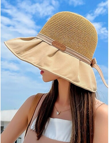  Damen Sonnenhut aus Stroh mit breiter Krempe - faltbarer UV-Schutz Strandhut mit weicher Krempe und Schleifenverzierung, eleganter Sommerhut für Urlaub, Outdoor und Reisen