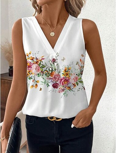  Damen Spaghettitop Blumig Grafik Elegant Tropical Alltags Ärmellos V-Ausschnitt Reguläre Oberteile Alltagsdruck Schwarz Weiß Pink Rosarot Sommer