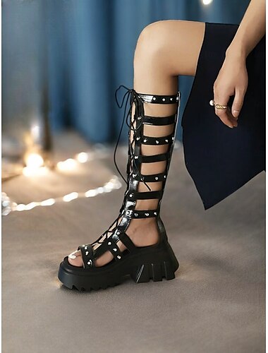  Women's Black Gladiator Platform Sandals – Chunky Lace-Up Knee-High Boots for Punk & Gothic Fashion