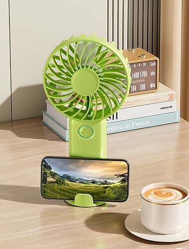  Draagbare handventilator met telefoonhouder, oplaadbare mini-bureauventilator via USB, kleine tafelventilator met instelbare snelheden, lichtgewicht koelventilator voor op reis, thuis, op kantoor en buitenshuis.