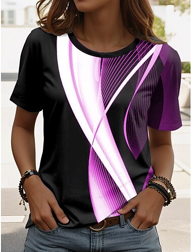 Women's T Shirt Graphic Geometric Casual Short Sleeve Round Neck Regular Tops Daily Print White Purple Green Summer Spring