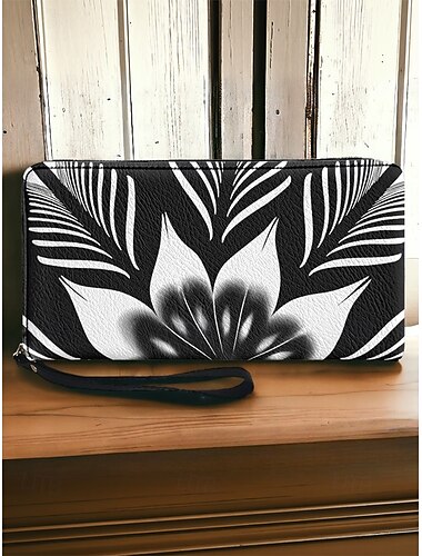  Damen-Geldbörse mit schwarz-weißem Blumenmuster – Clutch aus Kunstleder mit Reißverschluss und Handschlaufe, stilvolle Geldbörse mit großem Fassungsvermögen für Reisen, Einkaufen und den täglichen Gebrauch