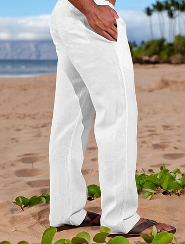  Herren Leinenhosen Hose Sommerhose Baggy-Hosen Strandhose Kordelzug Elastischer Bund Gerader Schnitt Einfach Komfort Atmungsaktiv Volle Länge Täglich Ferien Strand Urlaub Mode Weiß Marineblau