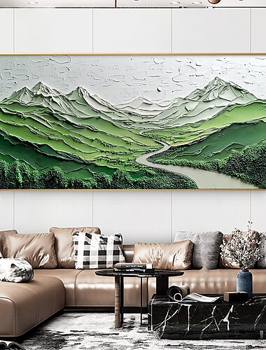  Handmade Original Green Mountain Painting Oil Painting On Canvas Abstract River Valley Landscape Wall Art for Home Decor With Stretched Frame/Without Inner Frame Painting