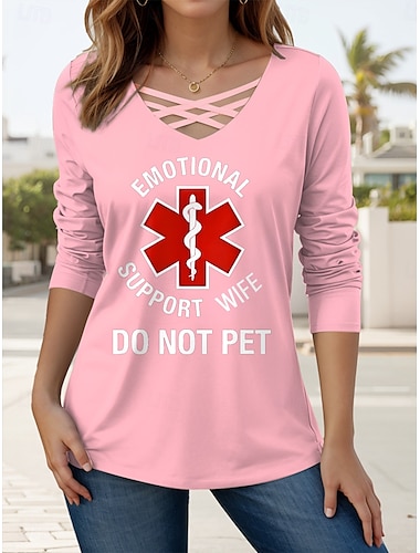  Damen T Shirt Grafik Buchstabe Lässig Langarm V Ausschnitt Normale Oberteile Täglich Ausschnitt Druck Schwarz Rosa Grün Frühling Herbst
