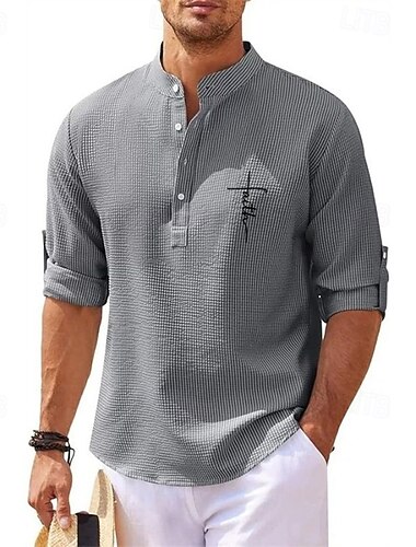  Per uomo Camicia popover Camicia Estiva Camicia casual Camicia da Spiaggia Camicia a maglia a nido d'ape Nero Bianco Blu Azzurro cielo Grigio scuro Manica Lunga Classico Fede Collo alla coreana Henley