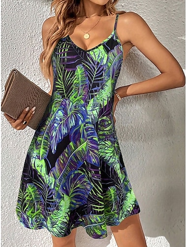  Damen Minikleid A Linie Kleid Unterkleid Schulterfreies Kleid Urlaub Lässig Urlaub Täglich Normale Passform Grafik Blatt Ärmellos V Ausschnitt Dunkelgrün Purpur Grün Sommer