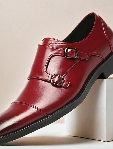  burgunder dobbel munk-reim sko i imitert skinn - elegante slip-on dress-sko for bryllup og formelle anledninger