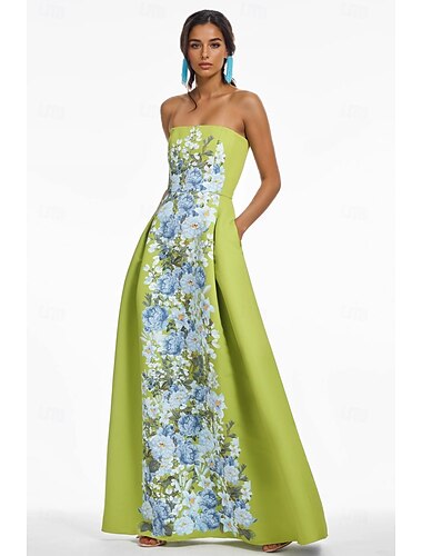  Robe de soirée A-line florale verte Robe élégante Robe formelle Invitée de mariage Longueur au sol Sans manches Sans bretelles Satin Robe d'invitée de mariage 2025