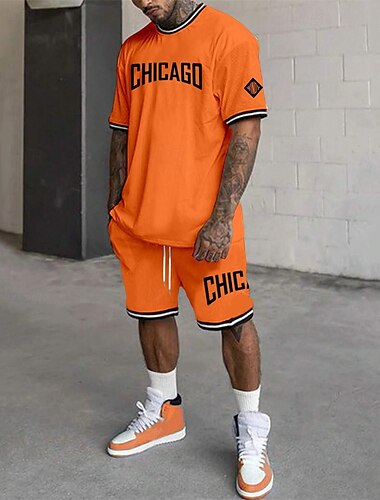  Hombre Tracksuit Conjunto de atuendo Bermudas Cuello Barco Exterior Diario Deportes Bolsillo Correa 2 Piezas Graphic Letra Negro Blanco Verde Claro Poliéster Ropa de Deporte Ropa de calle Casual
