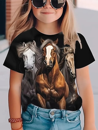  Mädchen 3D Pferd T-Shirt Kurzarm Sommer Frühling Mode Basic Kinder 4-12 Jahre Rundhalsausschnitt Outdoor Lässig Täglich Normale Passform