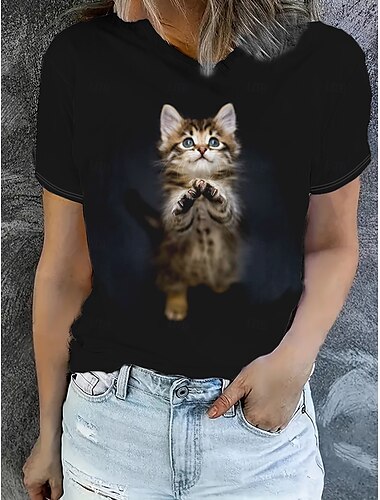  Mujer Camiseta Tops de verano Graphic Gato Clásico Casual Manga Corta Cuello Barco Tops cortos Diario Fin de semana Estampado Arco Iris Verano Primavera Otoño