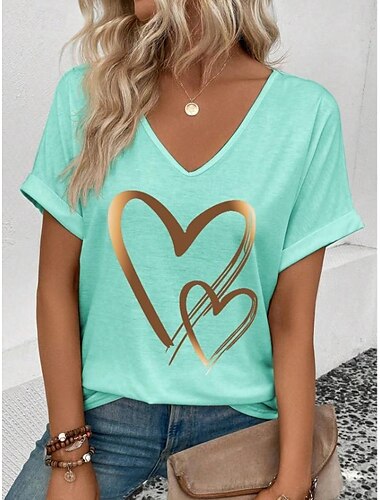  Mulheres Camiseta Coração Gráfico Casual Manga Curta Decote V Tops regulares Diário Final de semana Imprimir Preto Branco Verde Claro Rosa Verão