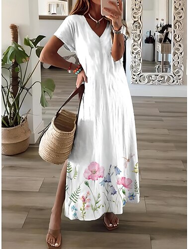  Women's Maxi Dress Sundress A Line Dress Vacation Casual Beach Party Going out Regular Fit Floral Graphic Short Sleeve V Neck Light Pink White Pink Spring Fall