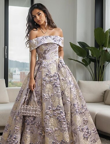  Robe de Bal A-Ligne Brocade Jacquard Élégante Robe Mariage Invité Soirée Longueur Sol Épaules Nues Manches avec Imprimé Floral Robe de Mariage Invité 2025