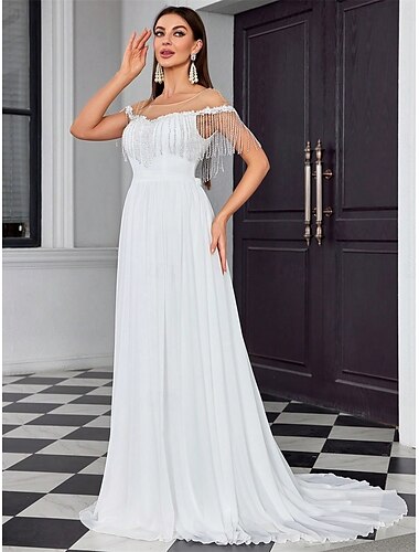  Hochzeitskleider Ballkleid Schulterfrei Ärmellos Bodenlange Schleppe Chiffon Brautkleider Mit Falten Einfarbig 2025