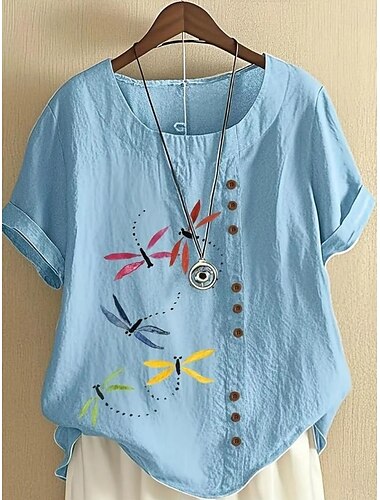  女性用シャツ ブラウス フローラル グラフィック エレガント デイリー ビーチ 短袖 クルーネック レギュラー トップス デイリー ホリデー リネン風 プリント ホワイト ブルー 夏