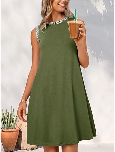  Robe mini femme robe en A robe d'été couleur unie décontractée quotidienne ajustement régulier graphique sans manches col rond noir blanc vin vert été
