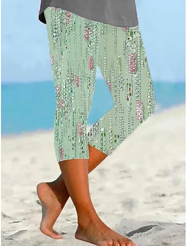  Damen Leggings Capri Hosen hohe Elastizität Urlaub Mode Hawaiian Wadenlänge Mittel Taille Blumengrafik Druck atmungsaktiv weich Urlaub lässig täglich Hellgrün Sommer Frühling Regulär Passform