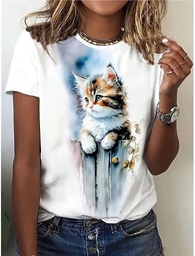  Damen T Shirt Sommeroberteile Grafik Katze Klassisch Lässig Kurzarm Rundhalsausschnitt Crop Tops Täglich Wochenende Druck Weiß Sommer Frühling Herbst