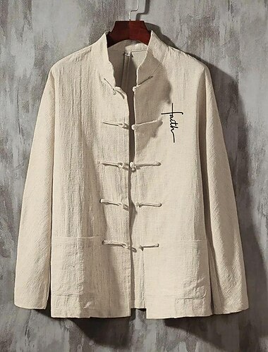  Homens camisa de linho Camisa casual camisa de botão Tecido Férias Rua Preto Branco Azul Marinho Escuro Bege Manga Longa colarinho do vovô Primavera Verão Roupa Bolsos