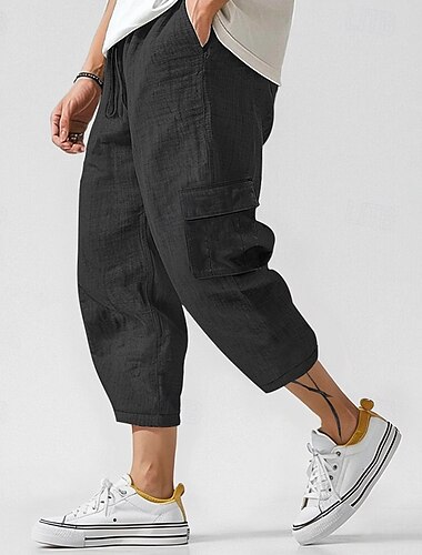  Herren Cargo-Hosen Leinenhosen Hose Sommerhose Strandhose Kordelzug Elastischer Bund Mehrere Taschen Einfach Komfort Atmungsaktiv Knöchellang Lässig Täglich Ferien Mode Klassicher Stil Schwarz Weiß