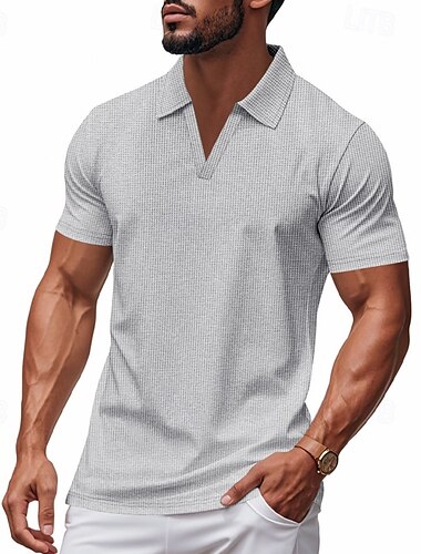  Homme Chemises Polo Gaufre Chemise de golf Affaires Occasionnel Col en V Manche Courte Mode Basique Couleur Unie Boutons Été Printemps & Automne Coupe régulière Noir Blanche Bleu Roi Gris clair Beige