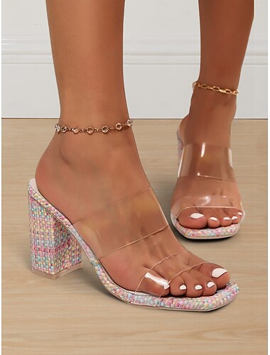  sandali da donna con tacco a blocco e cinturino trasparente – eleganti scarpe trasparenti slip-on con punta aperta e suola intrecciata colorata per l'estate, le feste e le uscite in spiaggia