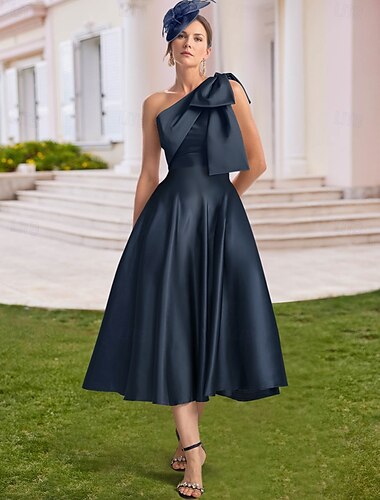  A-Linie Abendkleid Elegant Kleid Formell Hochzeitsgast Tee-Länge Ärmellos Ein-Schulter Satin mit Schleife(n) 2025