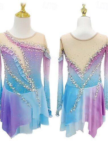  Eiskunstlaufkleid Damen Mädchen Eislaufen Kleider Purpur Daumenloch Halo-Färbung Hochelastisch Professionell Wettbewerb Eiskunstlaufkleidung warm Kristalle Langarm Eislaufen Eiskundstlauf