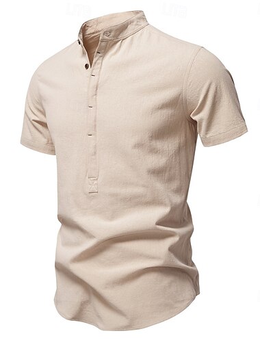  Herren Hemd Schwarz Weiß Marineblau Blau Beige Langarm Einfarbig Stehkragen Outdoor Lässig Knöpfe Bekleidung Täglich Alltagstauglich Freizeit