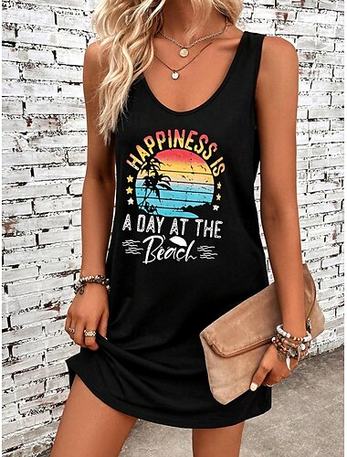  Damen Minikleid A Linie Kleid Sommerkleid Schulterfreies Kleid Urlaub Lässig Lässiger Schnitt Grafik Blatt Ärmellos U-Ausschnitt Schwarz Sommer