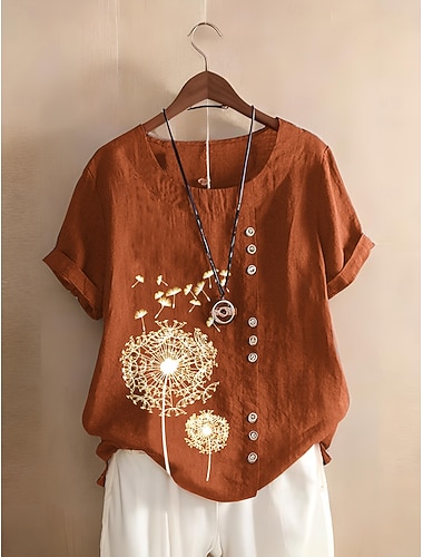  Women's 100% Cotton Blouse Floral Graphic Stylish Cotton Linen Casual Short Sleeve Crew Neck Regular Tops Daily Going out Buttons Print Brown